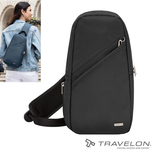 【Travelon】Classic 防盜斜背包(18X36X9cm)RFID識別系統.防割斷鋼絲/TL-42887 黑✿30E010
